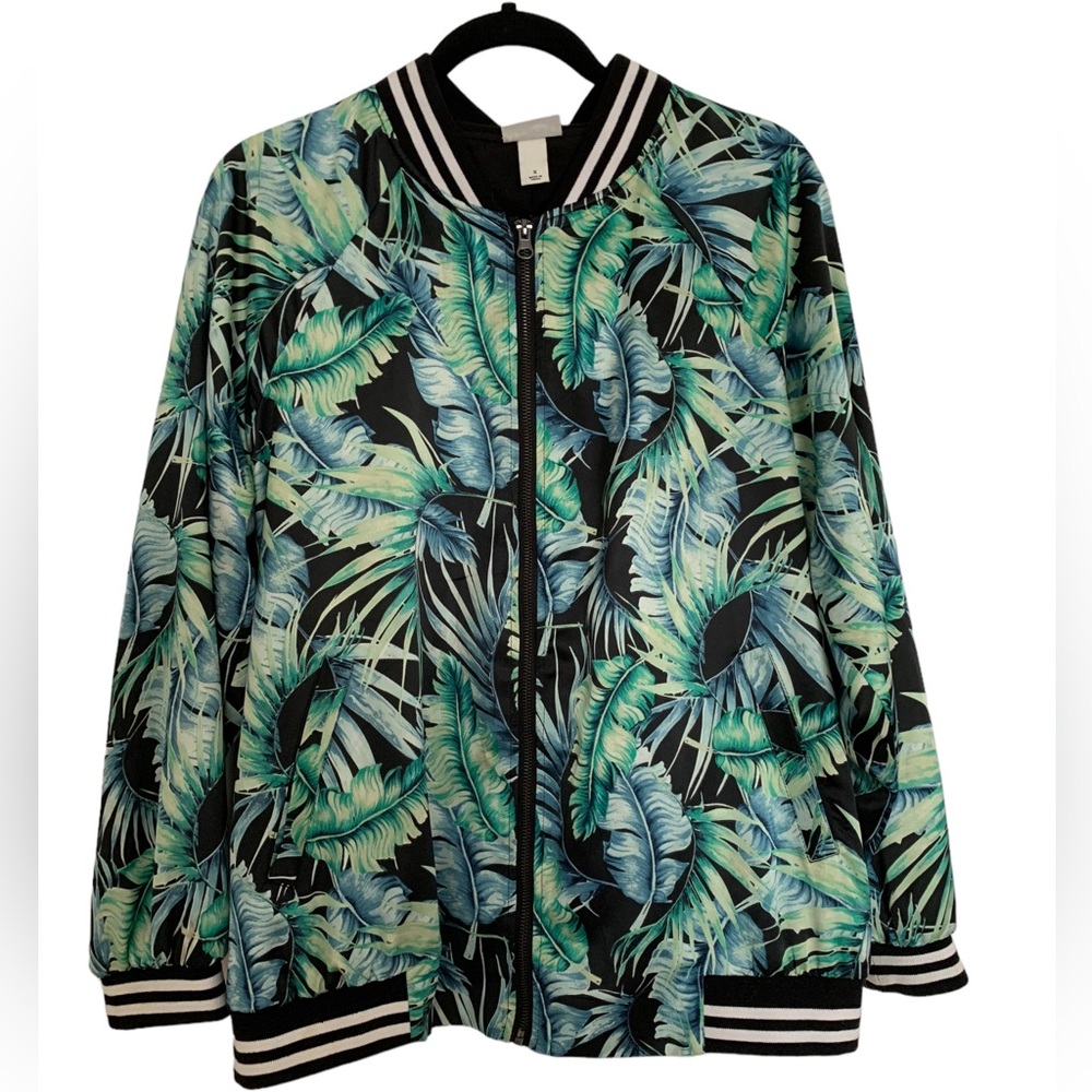 Ava and Viv Green Black Tropical Bomber Varsity Jacket Women Size 0X